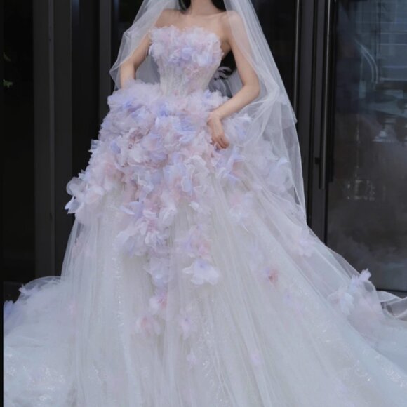 Fairy Tale Garden Wedding Gown Lilac/Blush Multi-Layer Tulle Flower Dress - Picture 3 of 6